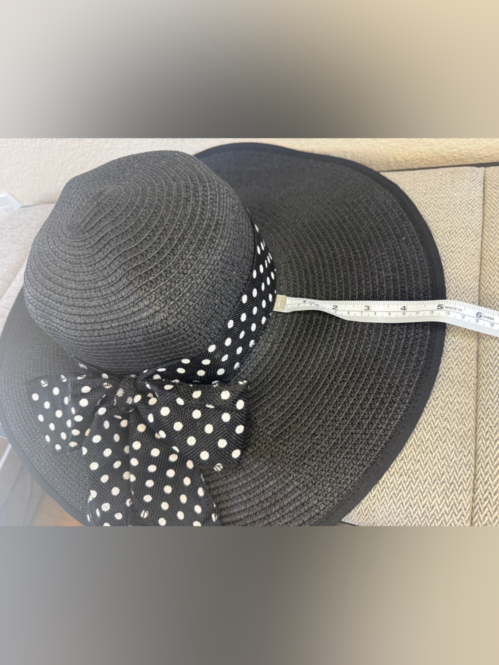 Black Wide-Brim Straw Sun Hat with Polka Dot Ribbon - Picture 12 of 16